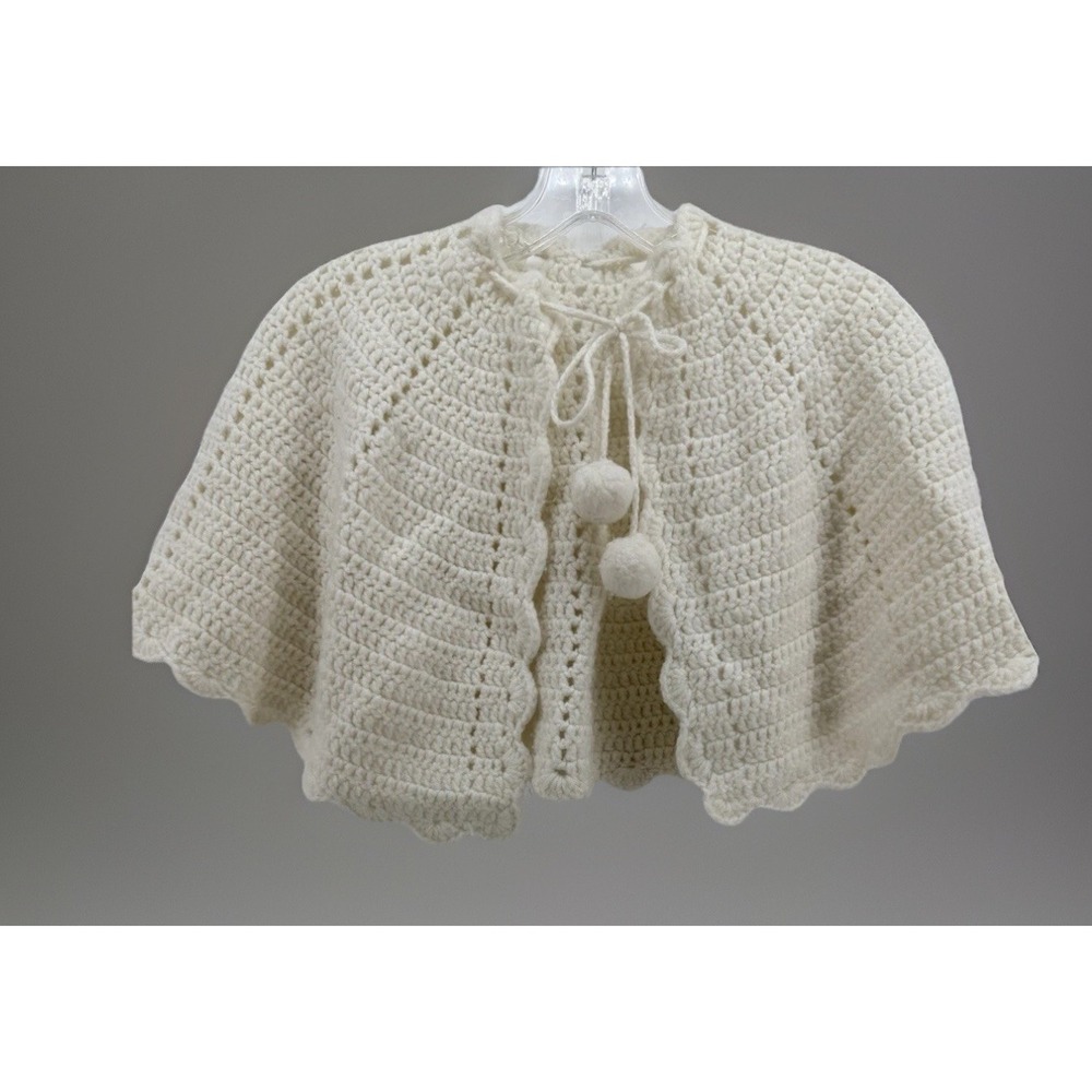 Vintage Hand Crochet Child Hooded Cape Sweater Off White Can Fit A Girl 6/7